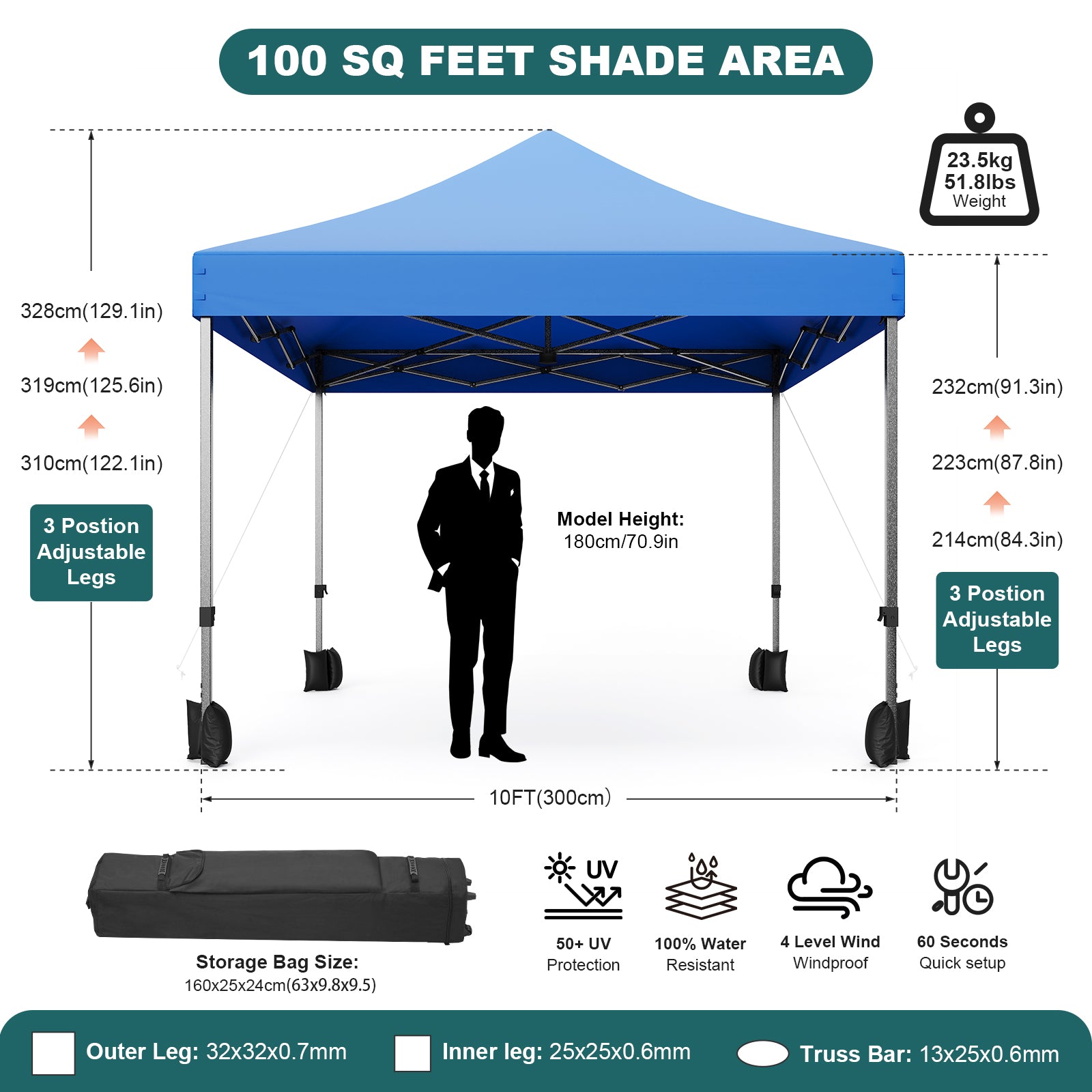 Garvee 10x10 Heavy Duty Pop Up Canopy - Commercial 500D Waterproof Tent with Steel Frame & Roller Bag (Blue) for Outdoor Events