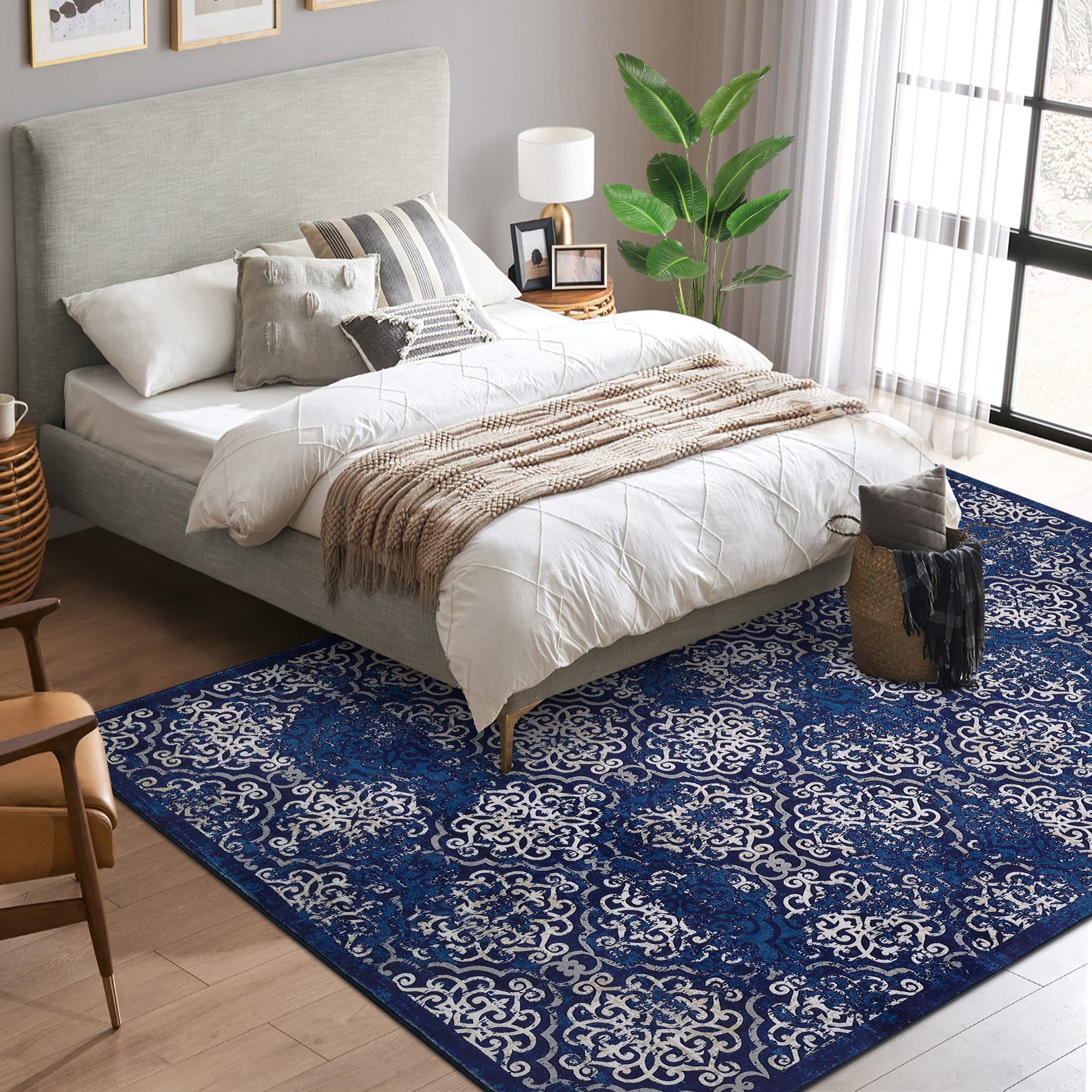 Garvee Large Throw Rugs for Living Room 10x13, Vintage Washable Rugs for Bedroom Non Slip Entryway Rugs, Moroccan Soft Rubber Backing Low Pile Printed Carpet for Bedside Kitchen, Blue