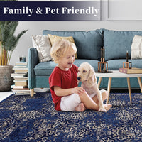 Garvee Large Throw Rugs for Living Room 10x13, Vintage Washable Rugs for Bedroom Non Slip Entryway Rugs, Moroccan Soft Rubber Backing Low Pile Printed Carpet for Bedside Kitchen, Blue
