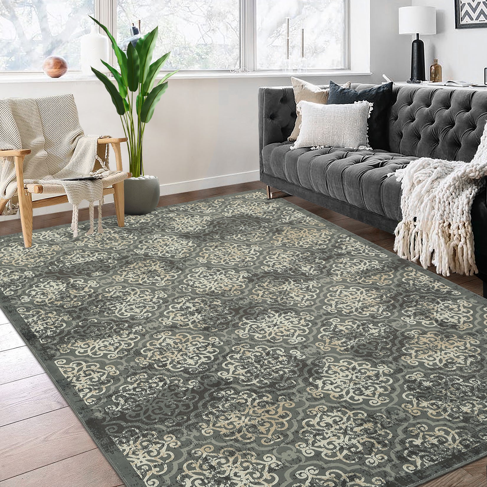 Garvee Large Throw Rugs for Living Room 10x13, Vintage Washable Rugs for Bedroom Non Slip Entryway Rugs, Moroccan Soft Rubber Backing Low Pile Printed Carpet for Bedside Kitchen, Olive Green