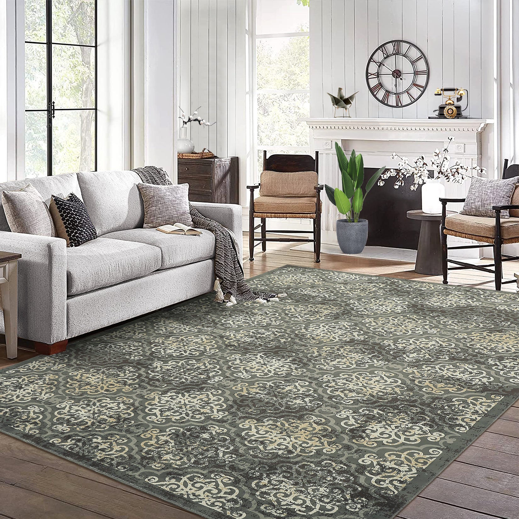 Garvee Large Throw Rugs for Living Room 10x13, Vintage Washable Rugs for Bedroom Non Slip Entryway Rugs, Moroccan Soft Rubber Backing Low Pile Printed Carpet for Bedside Kitchen, Olive Green