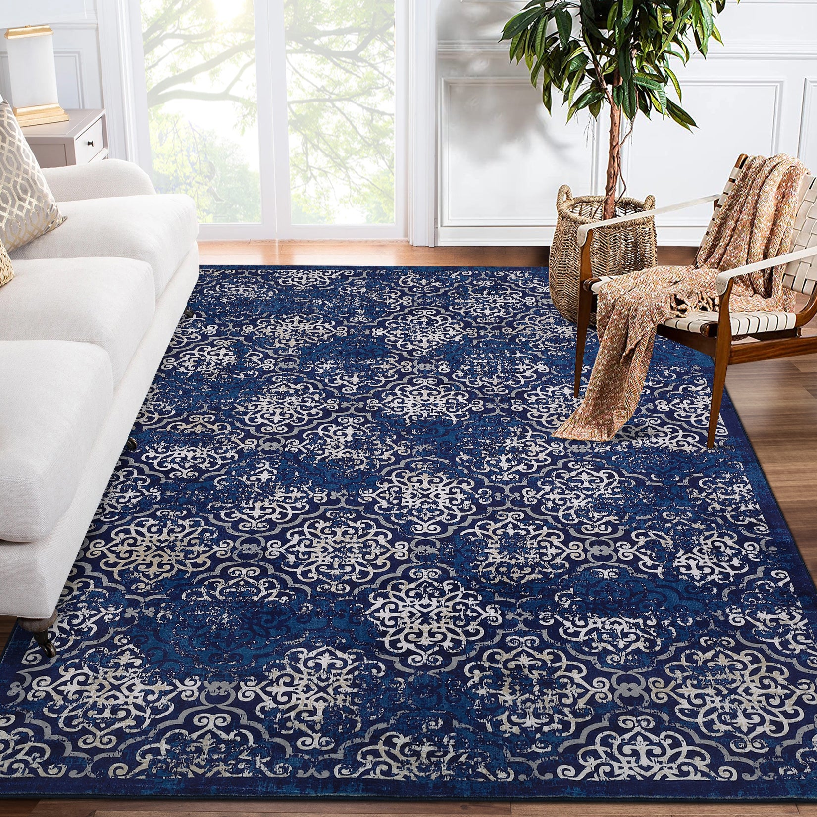 Garvee Large Throw Rugs for Living Room 10x13, Vintage Washable Rugs for Bedroom Non Slip Entryway Rugs, Moroccan Soft Rubber Backing Low Pile Printed Carpet for Bedside Kitchen, Blue