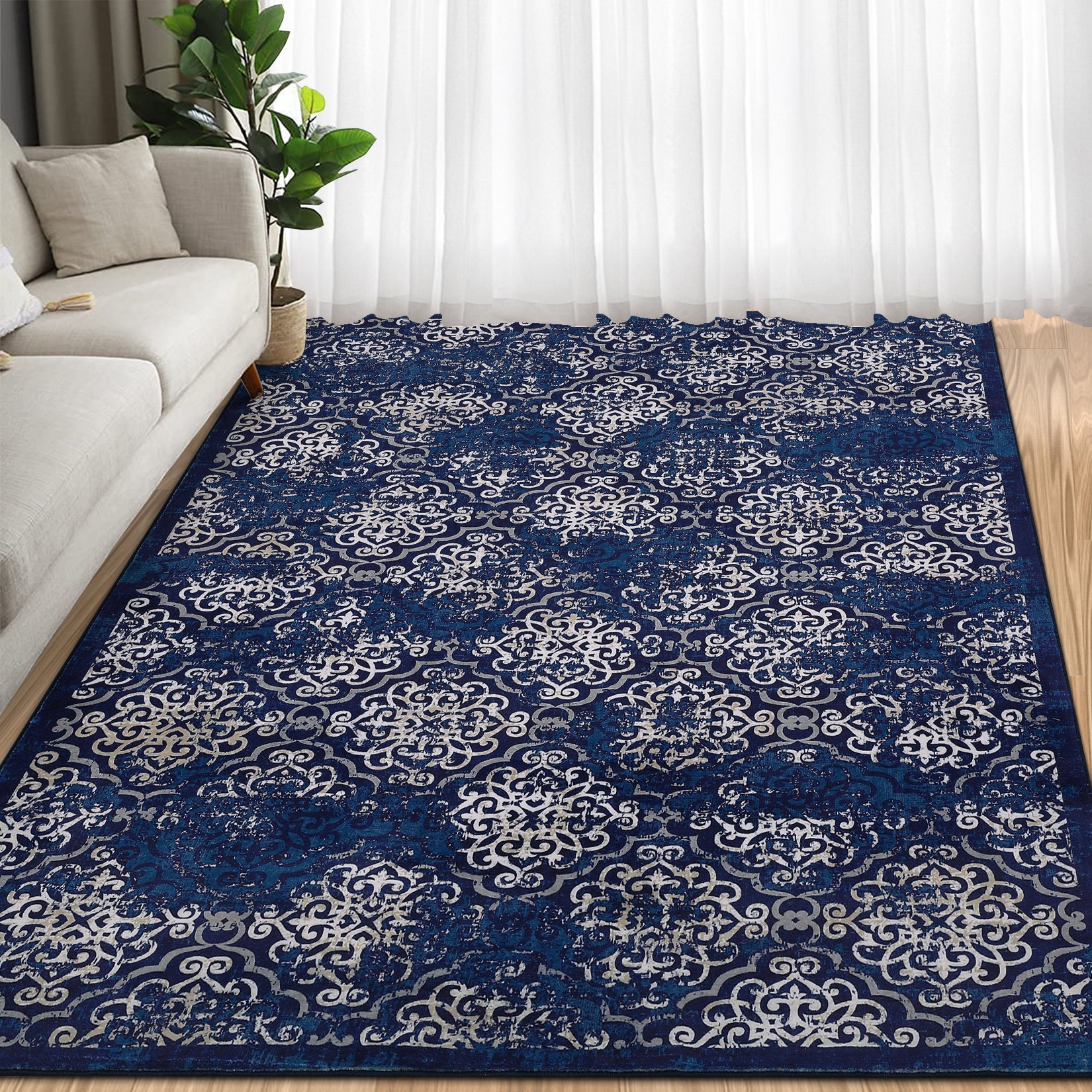 Garvee Large Throw Rugs for Living Room 10x13, Vintage Washable Rugs for Bedroom Non Slip Entryway Rugs, Moroccan Soft Rubber Backing Low Pile Printed Carpet for Bedside Kitchen, Blue
