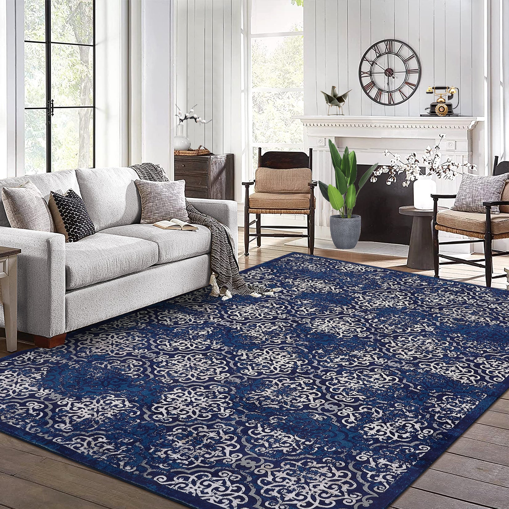 Garvee Large Throw Rugs for Living Room 10x13, Vintage Washable Rugs for Bedroom Non Slip Entryway Rugs, Moroccan Soft Rubber Backing Low Pile Printed Carpet for Bedside Kitchen, Blue