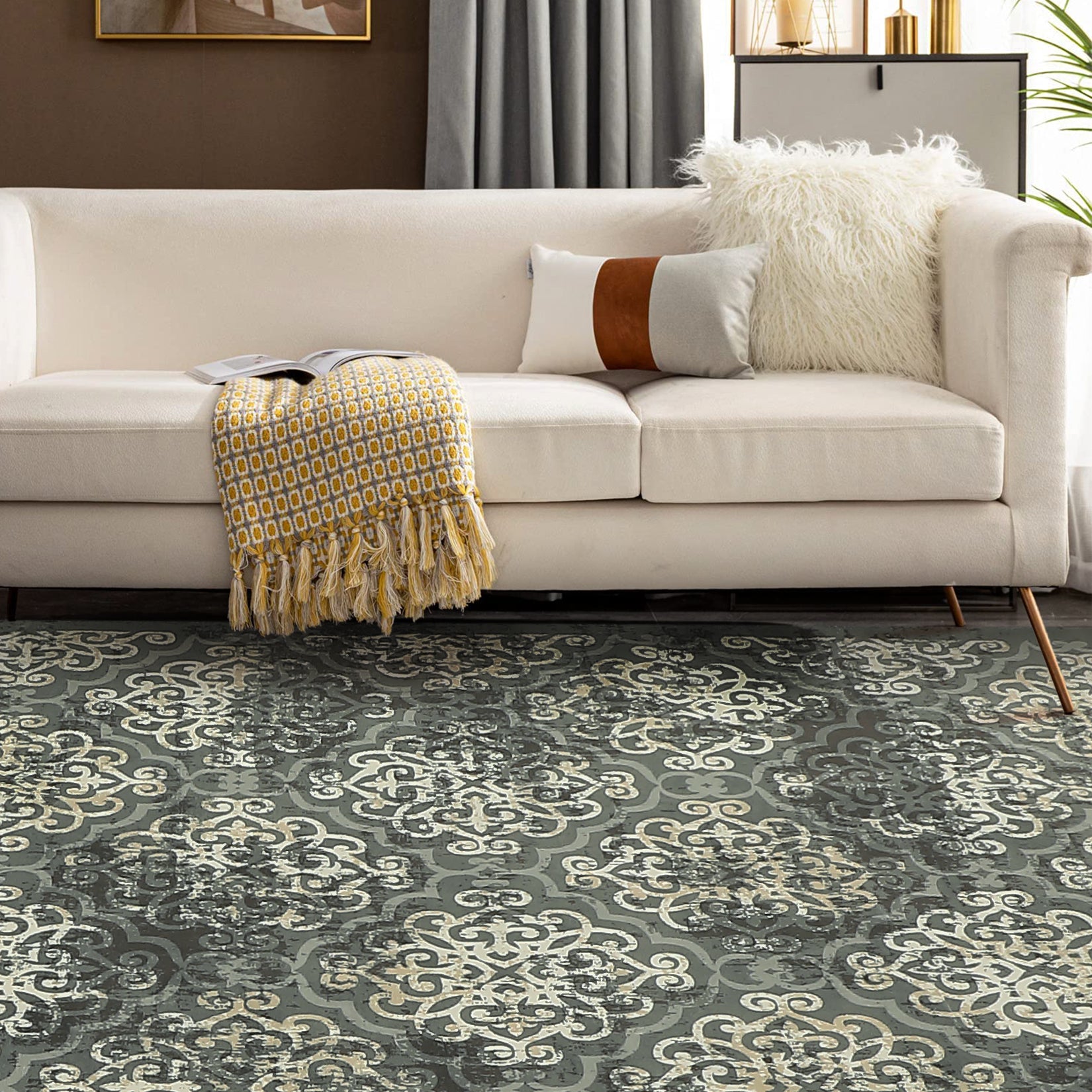 Garvee Large Throw Rugs for Living Room 10x13, Vintage Washable Rugs for Bedroom Non Slip Entryway Rugs, Moroccan Soft Rubber Backing Low Pile Printed Carpet for Bedside Kitchen, Olive Green