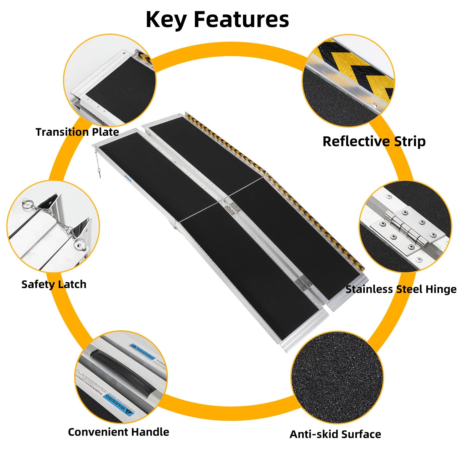 Garvee 6FT Portable Aluminum Wheelchair Ramp with Non-Skid Surface, Reflective Strips, Folding Design, Adjustable Legs,Home Steps and Scooters