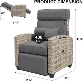 Garvee Outdoor Patio Recliner Chair, 175° Adjustable Wicker Lounge Chair with Footrest, Flip-Up Side Table & Removable Cushion for Porch, Deck, Poolside, Brown/Taupe