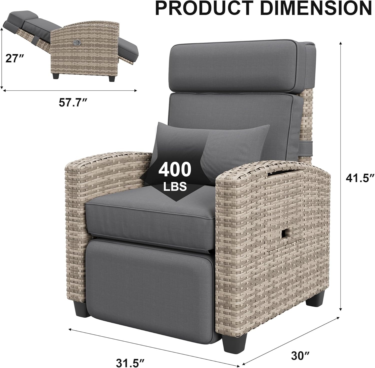 Garvee Outdoor Patio Recliner Chair, 175° Adjustable Wicker Lounge Chair with Footrest, Flip-Up Side Table & Removable Cushion for Porch, Deck, Poolside, Brown/Taupe