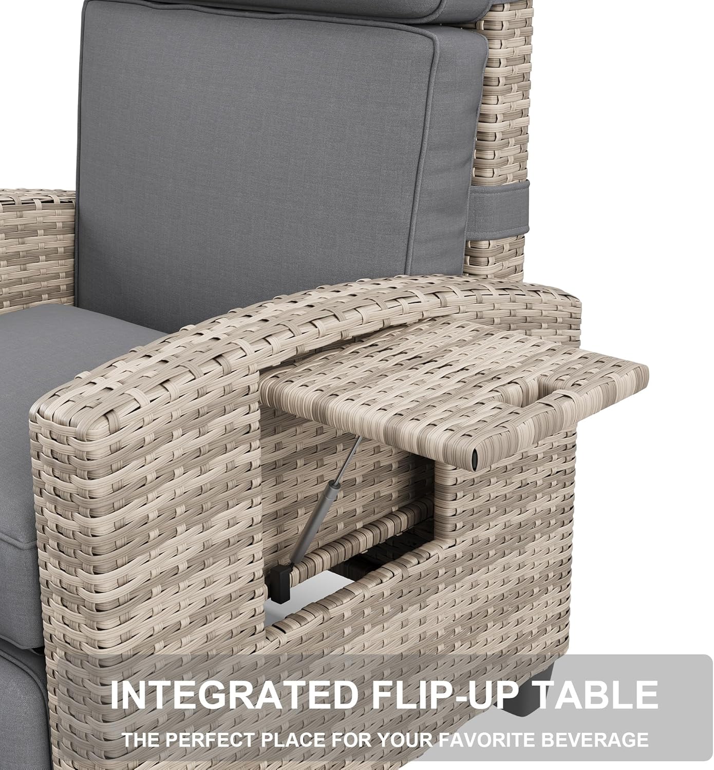 Garvee Outdoor Patio Recliner Chair, 175° Adjustable Wicker Lounge Chair with Footrest, Flip-Up Side Table & Removable Cushion for Porch, Deck, Poolside, Brown/Taupe