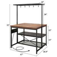 Garvee 47 inch Kitchen Island with Storage & Power Outlet 3-Tier Microwave Stand, Coffee Bar Table, and Bakers Rack with 5 Hooks for Kitchen, Dining and Living Rooms