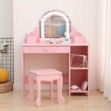 Garvee Kids Vanity with Lighted Mirror & Stool, 2 In 1 Little Girls Vanity and Wooden Makeup Playset with Adjustable LED Light, Storage Drawer & Shelves for Girls 3-9, Pink - Pink