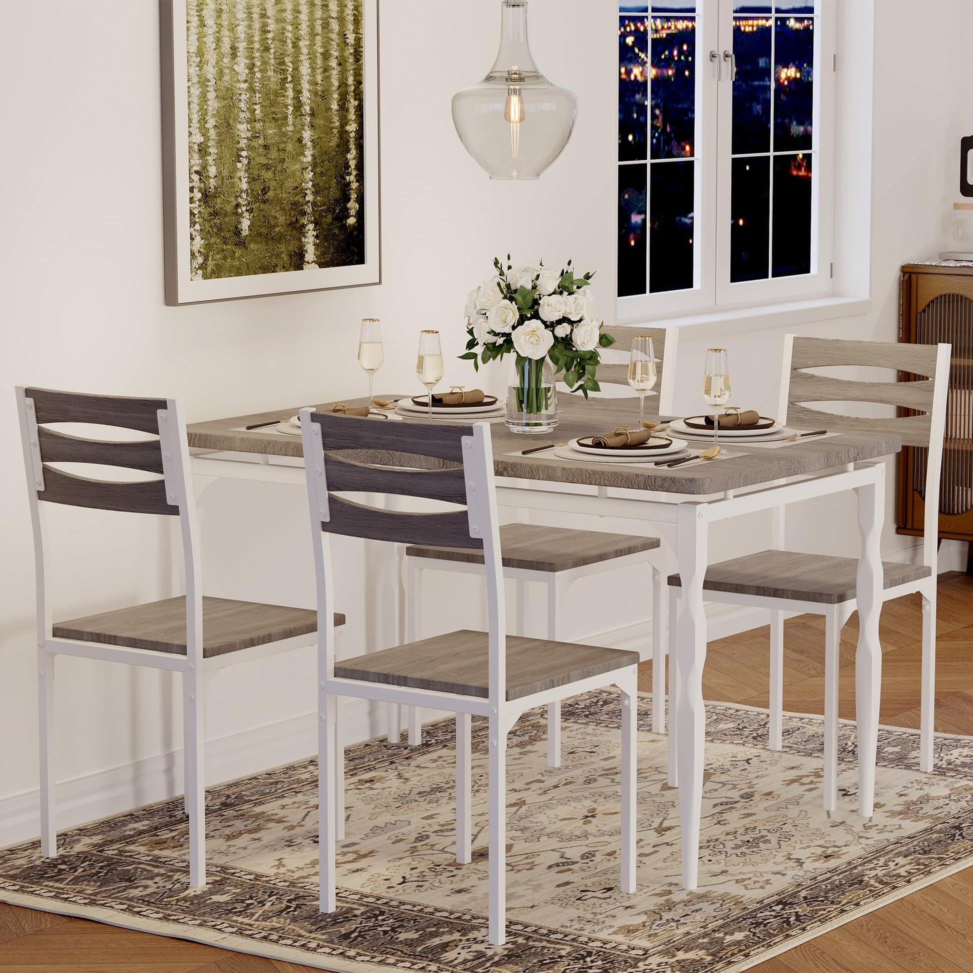 Garvee 5 Piece Industrial Dining Table and Chair Set with Spiral-Patterned Legs for Kitchen and Dining Room, Grey