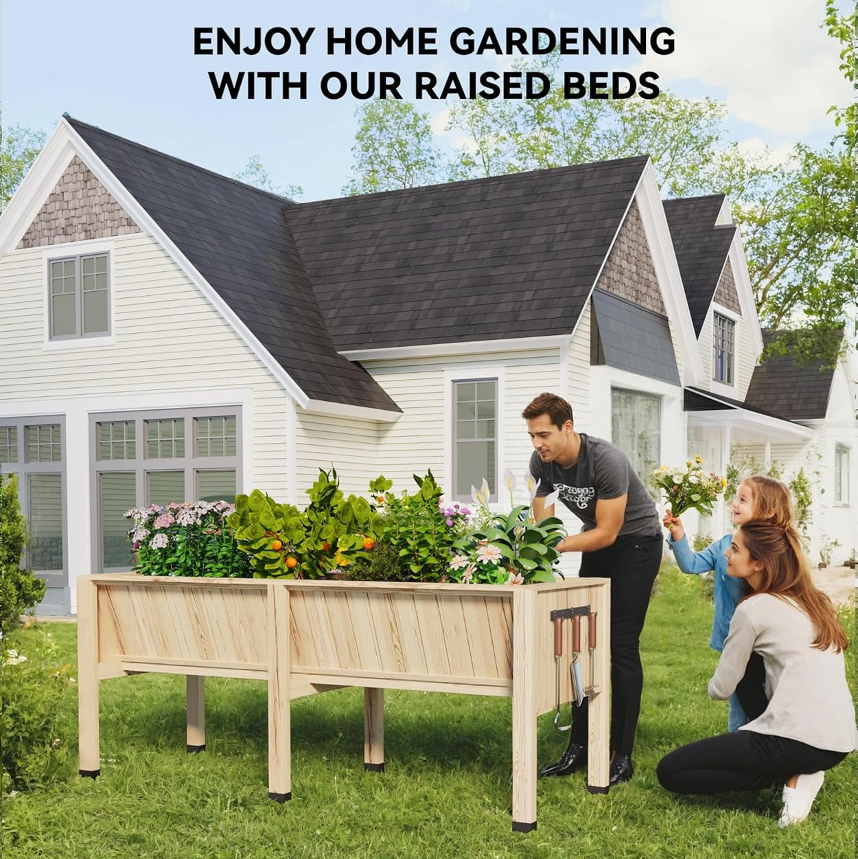 Garvee 46x24x31 in Wooden Raised Garden Bed with Legs & Hooks,13.7 in Planter Box, Non-Woven Liner, Outdoor Vegetable, Herb & Flower Planter