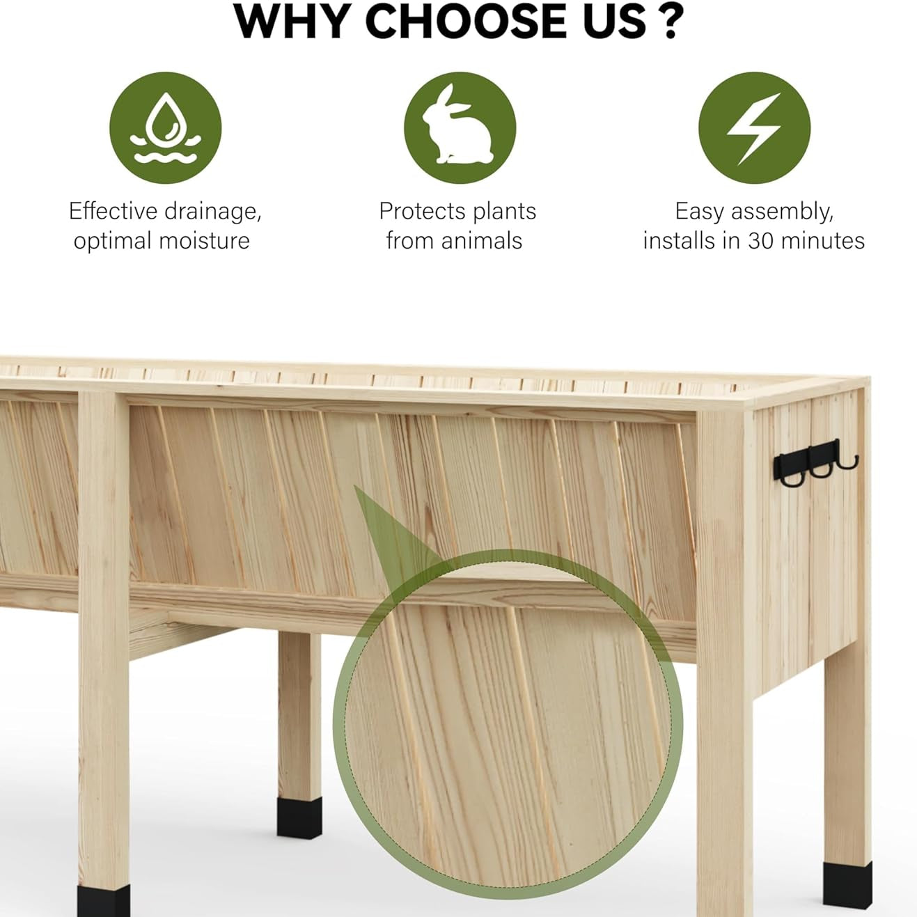 Garvee 46x24x31 in Wooden Raised Garden Bed with Legs & Hooks,13.7 in Planter Box, Non-Woven Liner, Outdoor Vegetable, Herb & Flower Planter
