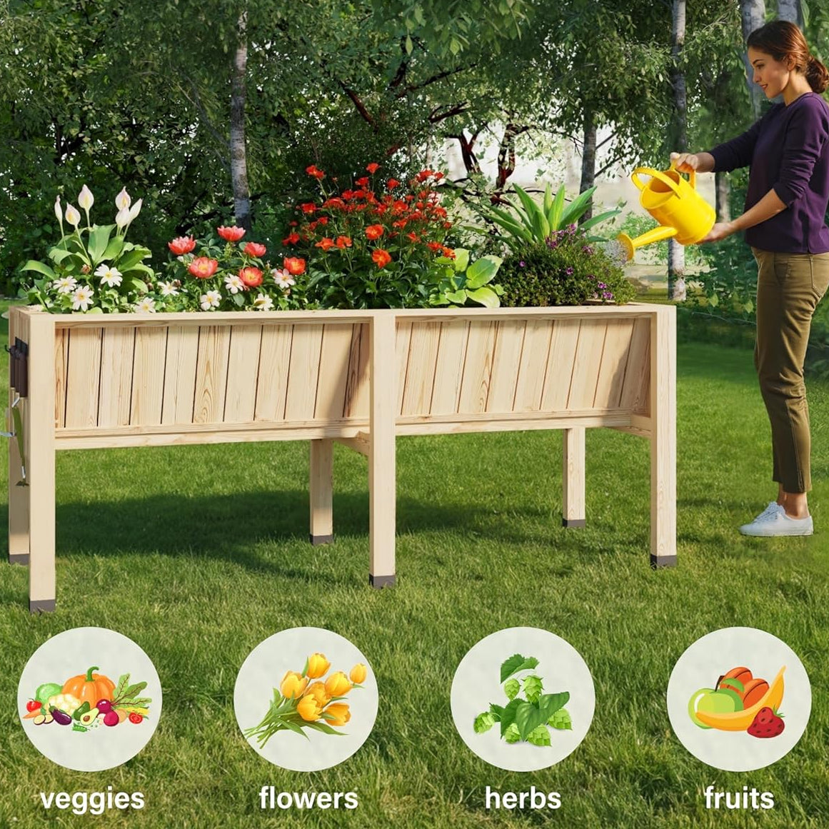 Garvee 46x24x31 in Wooden Raised Garden Bed with Legs & Hooks,13.7 in Planter Box, Non-Woven Liner, Outdoor Vegetable, Herb & Flower Planter
