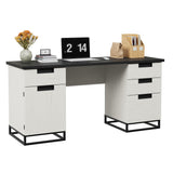 Garvee 59" Farmhouse Executive Desk, Home Office Desk with File Drawers and Storage Cabinet, Wooden Computer Table Teacher Desk for Work and Study, White+Black - White & Black