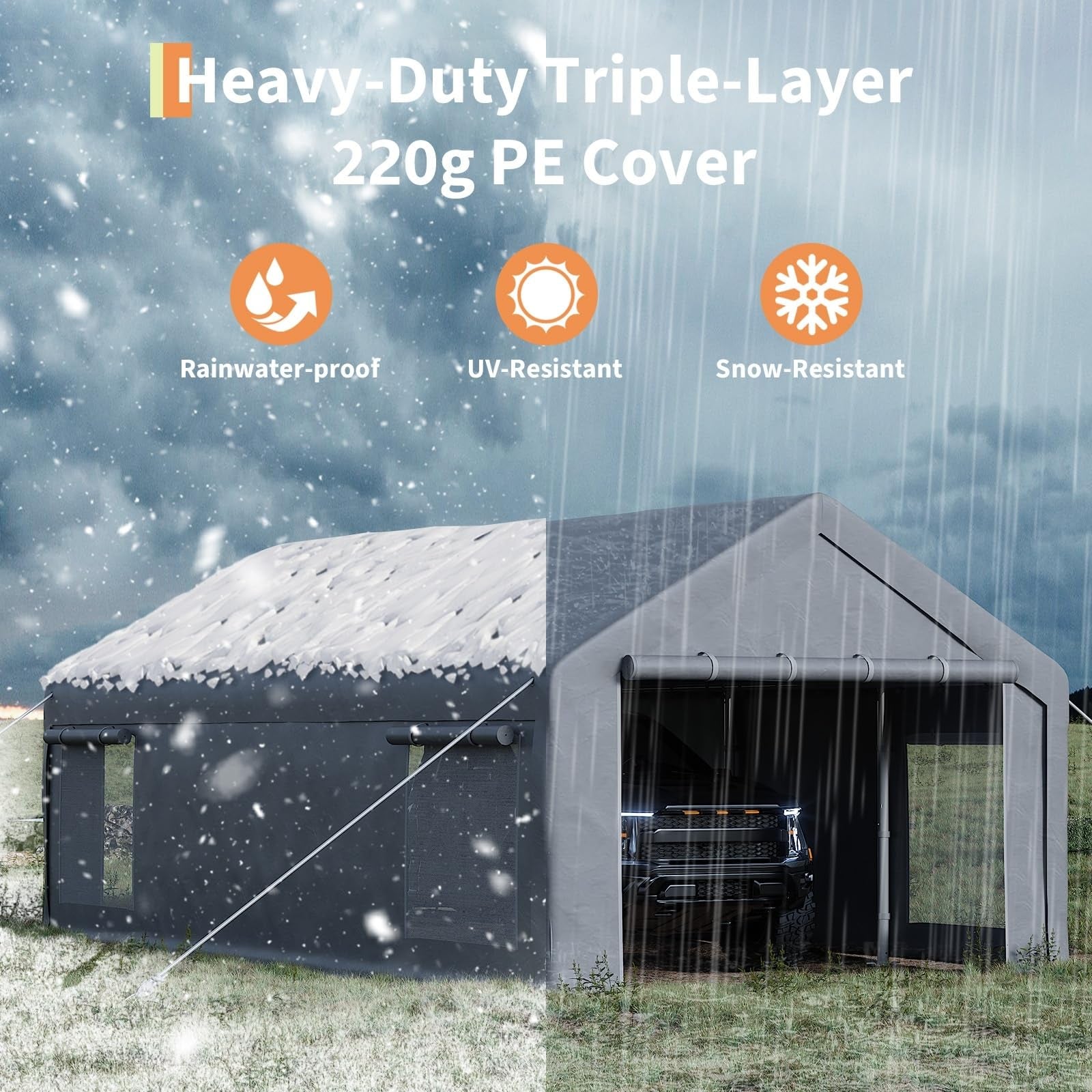 Garvee 13' x 25' Heavy-Duty Portable Carport Garage Shelter, 220G Waterproof PE Canopy with Roll-Up Doors, Removable Sidewalls & Steel Frame for Cars, Trucks, Boats & Outdoor Storage, Grey