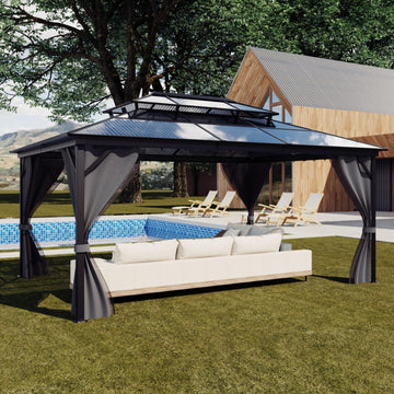 Garvee 10 x 12 FT Hardtop Gazebo Polycarbonate Double Roof Aluminum Alloy Frame Netting Curtains Gray Patio Backyard