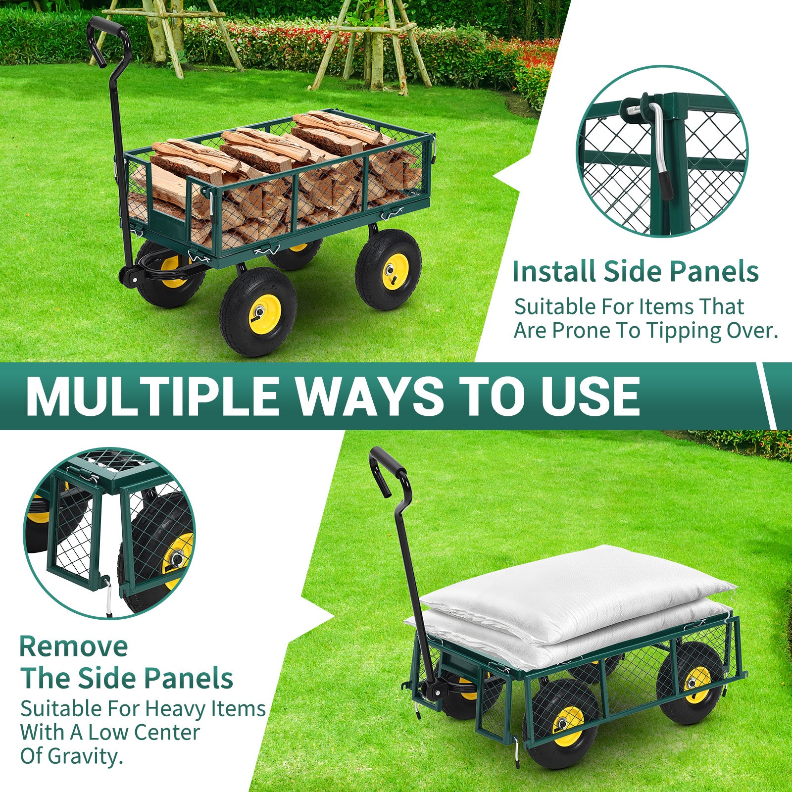 Garvee Heavy Duty Steel Garden Cart 550 LBS Load 3-in-1 Design 10" Pneumatic Tires 180° Rotating Handle Removable Sides for Farm Yard