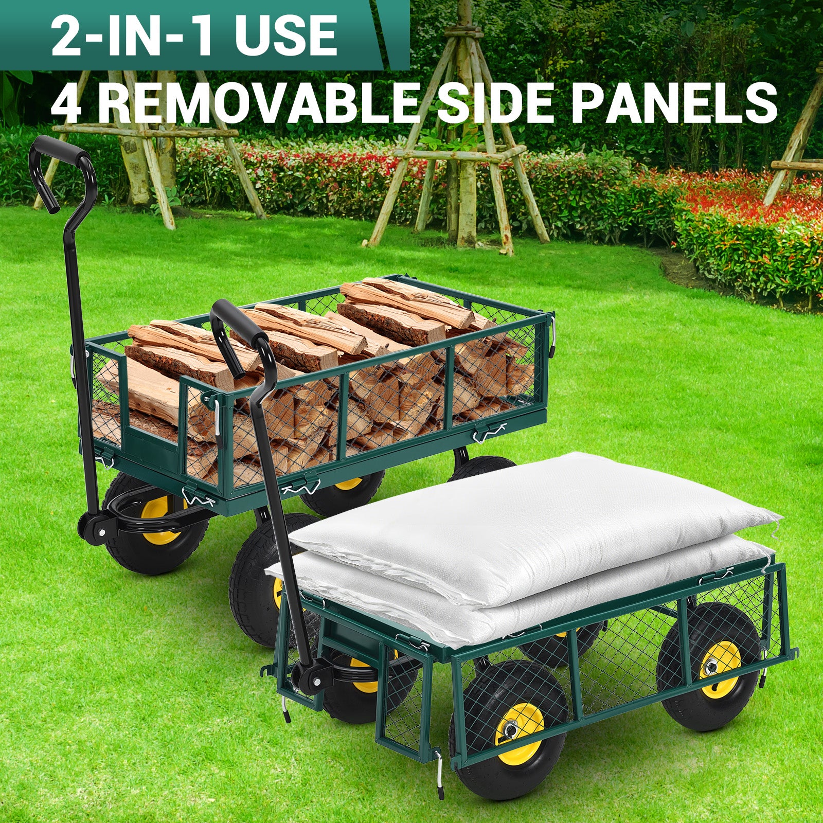 Garvee Heavy Duty Steel Garden Cart 550 LBS Load 3-in-1 Design 10" Pneumatic Tires 180° Rotating Handle Removable Sides for Farm Yard