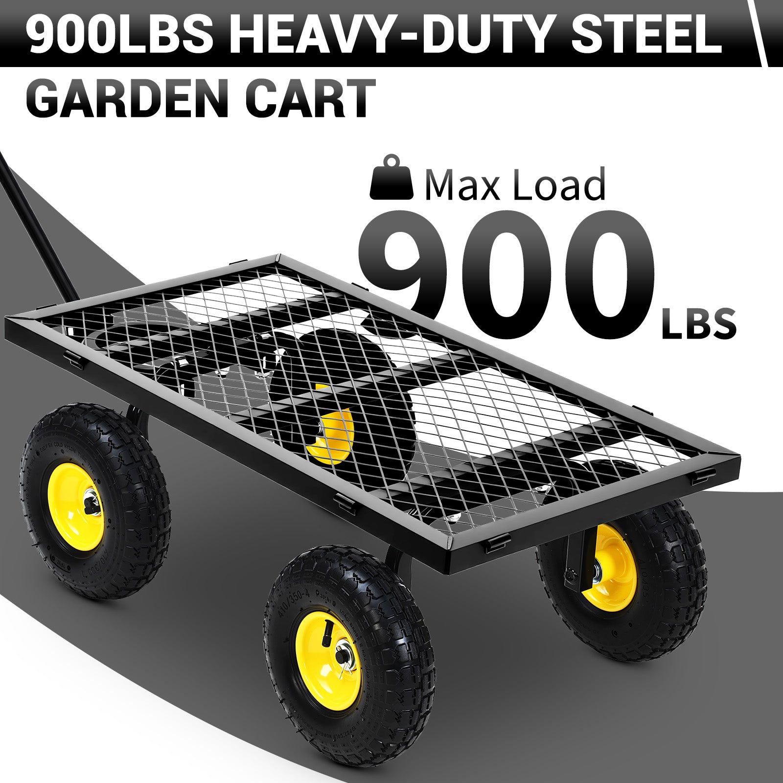 Garvee Heavy Duty Steel Garden Cart 900 LBS Load 3-in-1 Design 10" Pneumatic Tires 180° Rotating Handle Removable Sides for Farm Yard