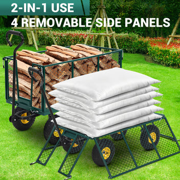 Garvee Heavy Duty Steel Garden Cart 1100 LBS Load 3-in-1 Design 10" Pneumatic Tires 180° Rotating Handle Removable Sides for Farm Yard
