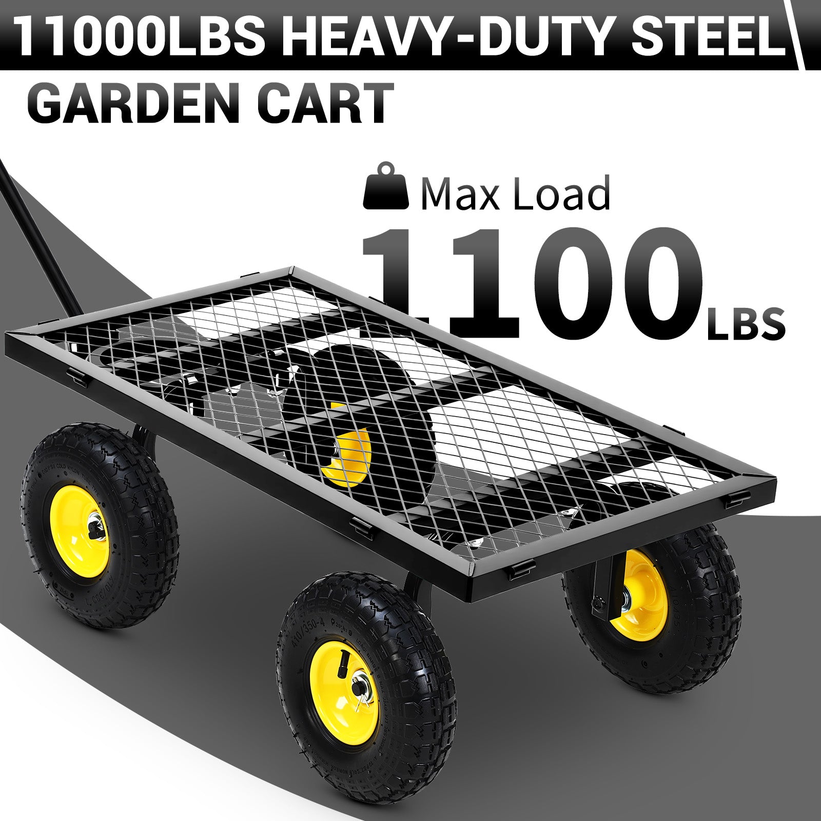 Garvee Heavy Duty Steel Garden Cart 1100 LBS Load 3-in-1 Design 10" Pneumatic Tires 180° Rotating Handle Removable Sides for Farm Yard