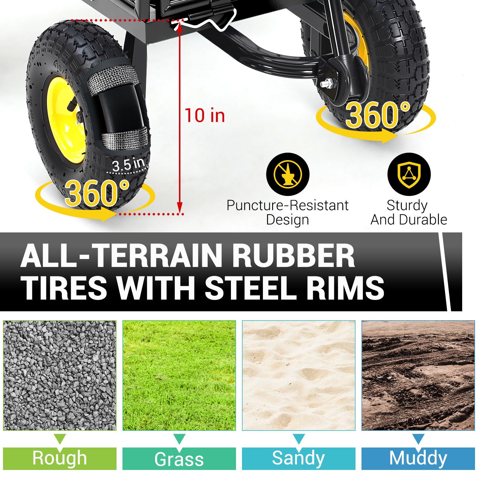 Garvee Heavy Duty Steel Garden Cart 1100 LBS Load 3-in-1 Design 10" Pneumatic Tires 180° Rotating Handle Removable Sides for Farm Yard