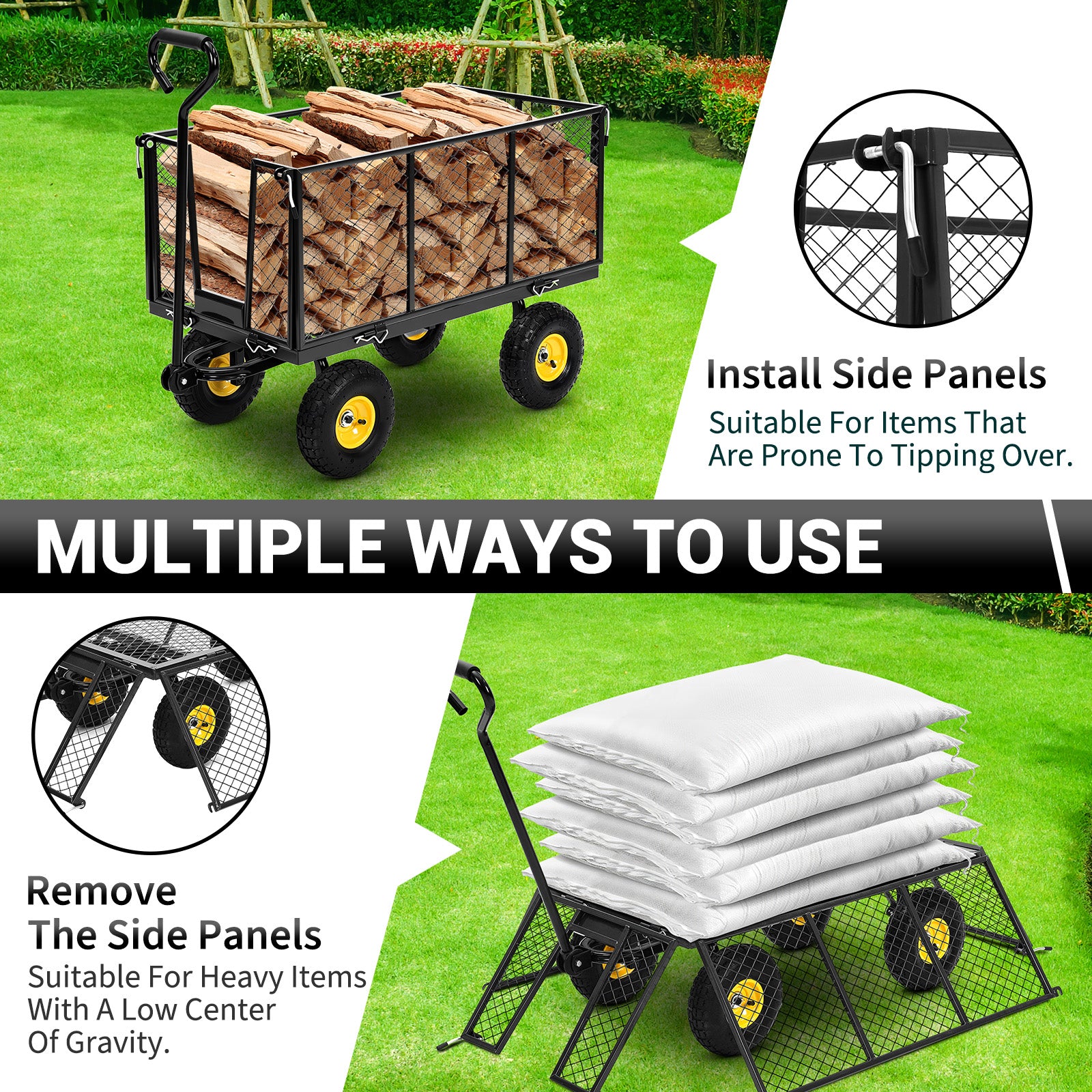 Garvee Heavy Duty Steel Garden Cart 1100 LBS Load 3-in-1 Design 10" Pneumatic Tires 180° Rotating Handle Removable Sides for Farm Yard