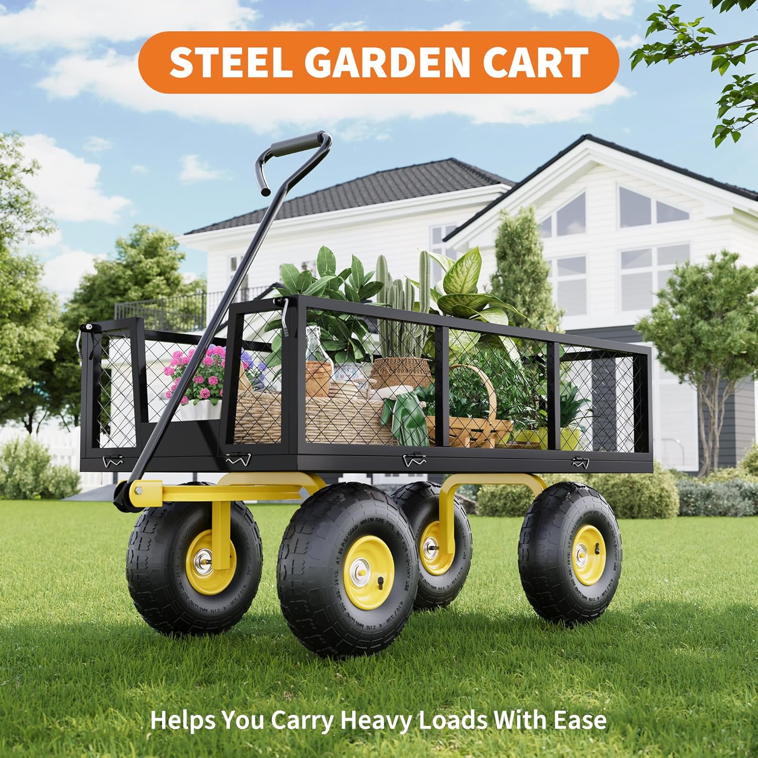 Garvee 500 Lbs Garden Wagon Heavy-Duty Steel Cart with 10" All-Terrain Tires, Removable Mesh Panels, 180° Rotating Handle for Outdoor Gardens