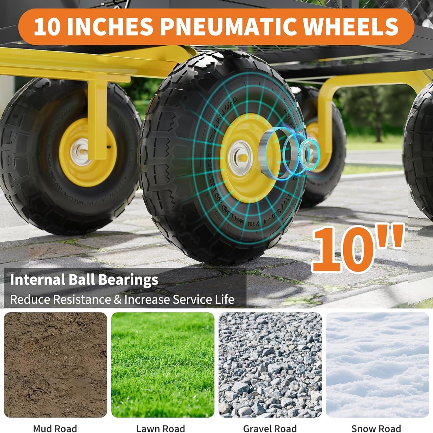 Garvee 500 Lbs Garden Wagon Heavy-Duty Steel Cart with 10" All-Terrain Tires, Removable Mesh Panels, 180° Rotating Handle for Outdoor Gardens