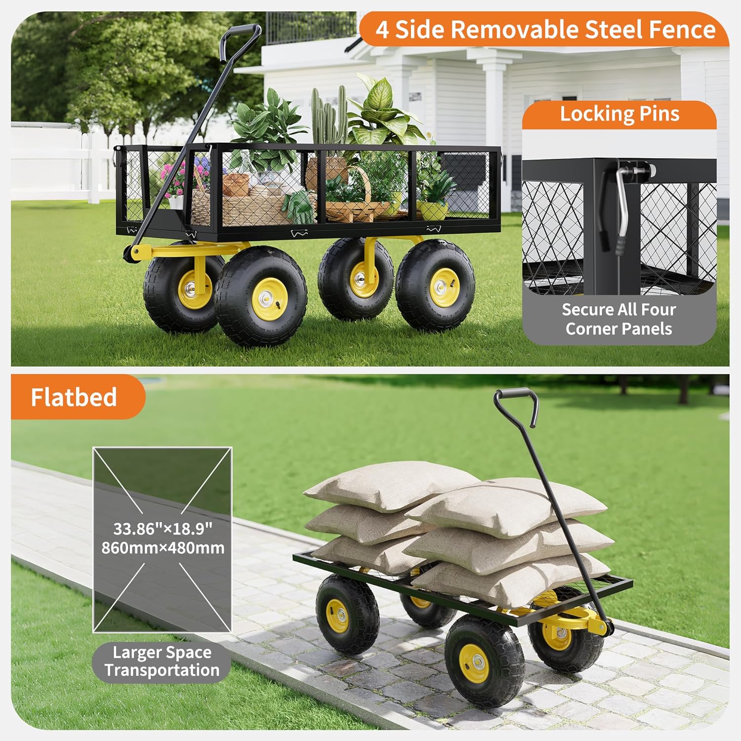 Garvee Garden Wagon 900 Lbs Load Capacity Heavy-Duty Steel 10-Inch All-Terrain Tires Removable Mesh Panels 180° Rotating Handle Outdoor Use