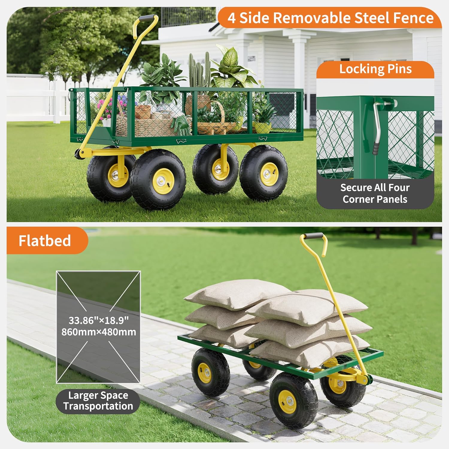 Garvee 1400 Lbs Garden Wagon Heavy-Duty Steel Cart with 10" All-Terrain Tires, Removable Mesh Panels, 180° Rotating Handle for Outdoor Gardens