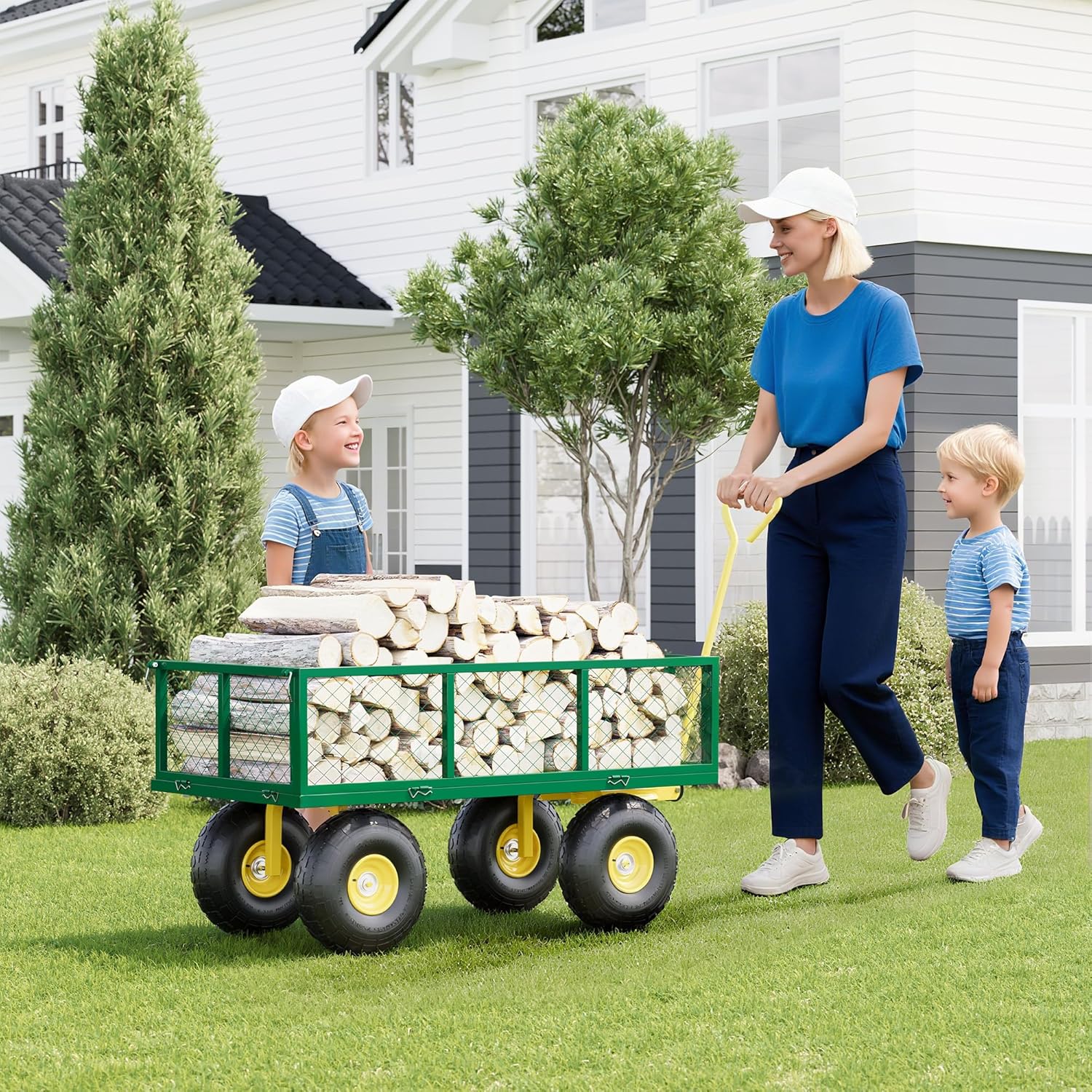 Garvee 1400 Lbs Garden Wagon Heavy-Duty Steel Cart with 10" All-Terrain Tires, Removable Mesh Panels, 180° Rotating Handle for Outdoor Gardens