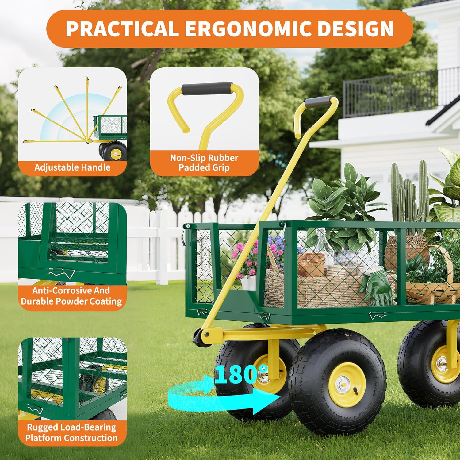 Garvee 1400 Lbs Garden Wagon Heavy-Duty Steel Cart with 10" All-Terrain Tires, Removable Mesh Panels, 180° Rotating Handle for Outdoor Gardens