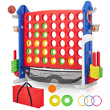 Garvee Giant 4-In-a-Row Game - Adjustable Height Board with Quick-Release Slider, Includes Mini Basketball, Golf, and Ring Toss Set for Family Parties, Outdoor & Indoor Fun - Red&Blue House