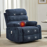Garvee Massage Rocker Recliner with Heating, 360° Swivel Glider Recliner Chairs for Adults, Linen Nursery Chair with Side Pocket, Two Cup Holders, Blue - Blue