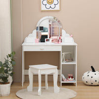 Garvee Kids Vanity with Lighted Mirror & Stool, 2 In 1 Little Girls Vanity and Wooden Makeup Playset with Adjustable LED Light, Storage Drawer & Shelves for Girls 3-9, White