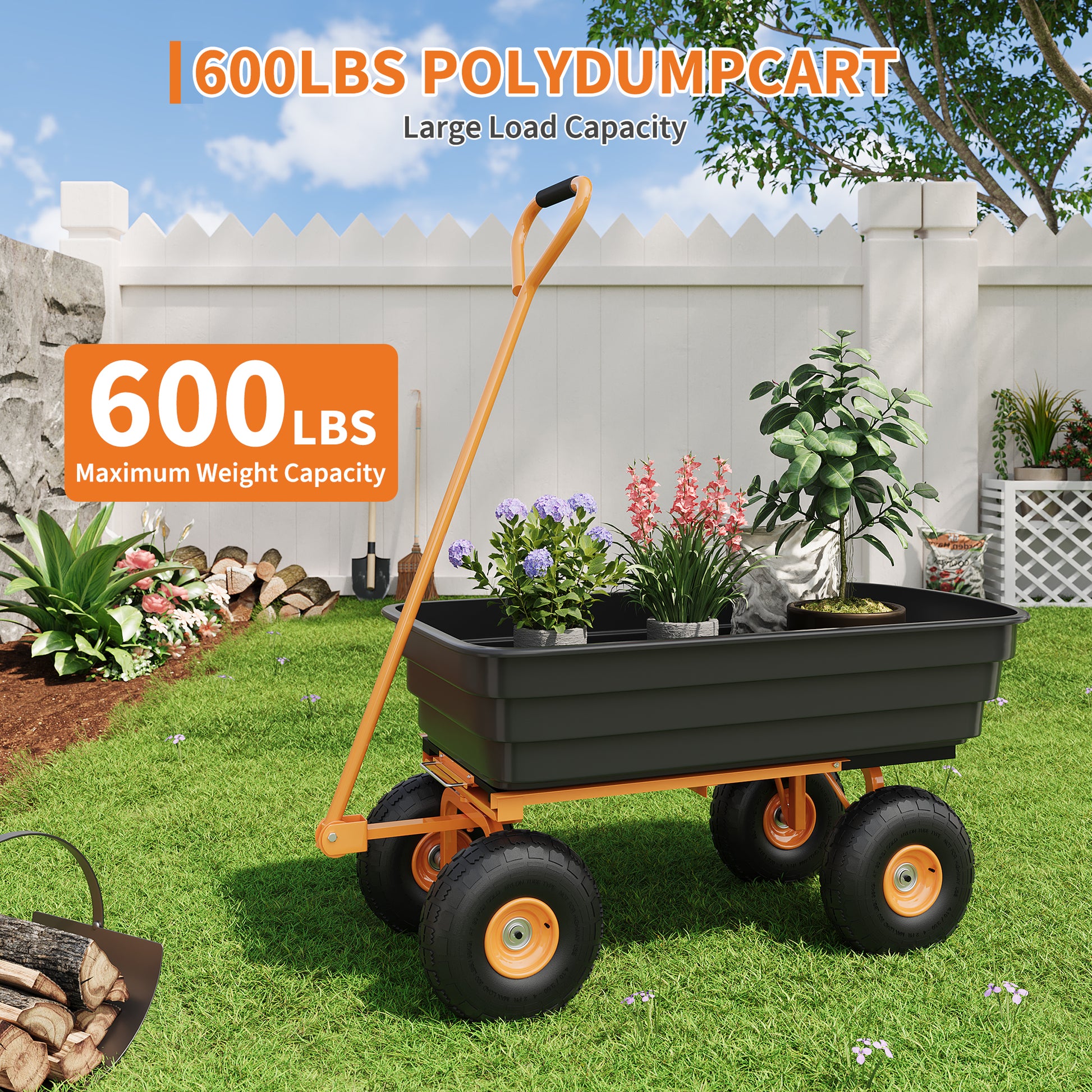 Garvee 600LB Capacity All-Terrain Yard Wagon – Heavy Duty Utility Cart with Quick-Dump & Adjustable Handle, Perfect for Hauling Soil, Plants, Gardening Tools, and Landscaping Work