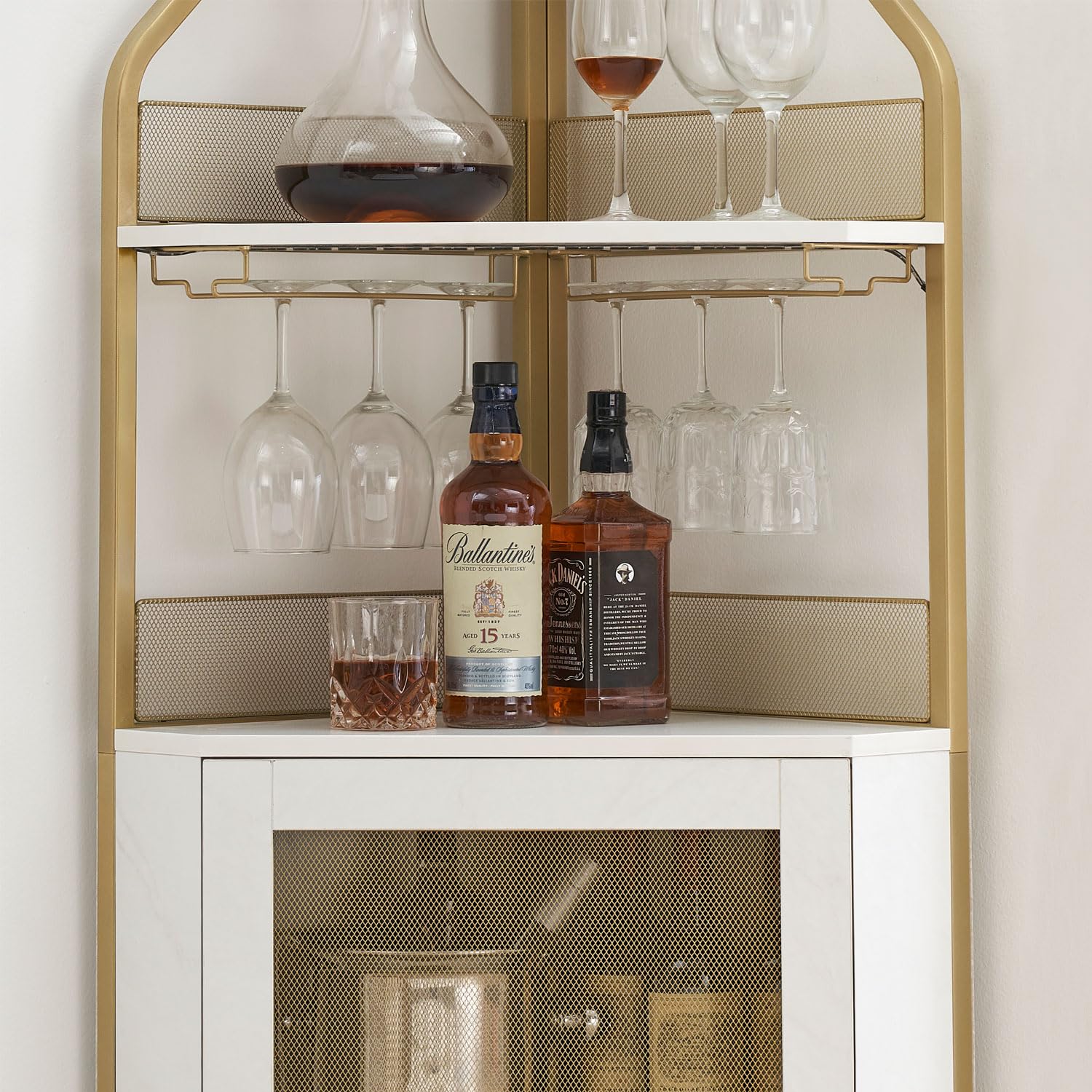 Garvee Corner Wine Bar Rack Cabinet with Detachable Wine Rack, Bar Cabinet with Glass Holder and Mesh Door, Liquor Coffe Bar Cabinet with Adjustable Shelves, ‎Gold