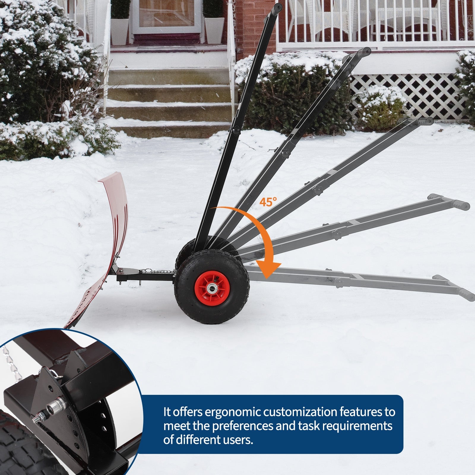 Garvee 29"W X 19.8"H Snow Shovel with 7-Position Angled Blade & Adjustable Handle, Heavy Duty Metal Snow Pusher Shovel with Wheels for Driveway, Doorway, Sidewalk, Pavement