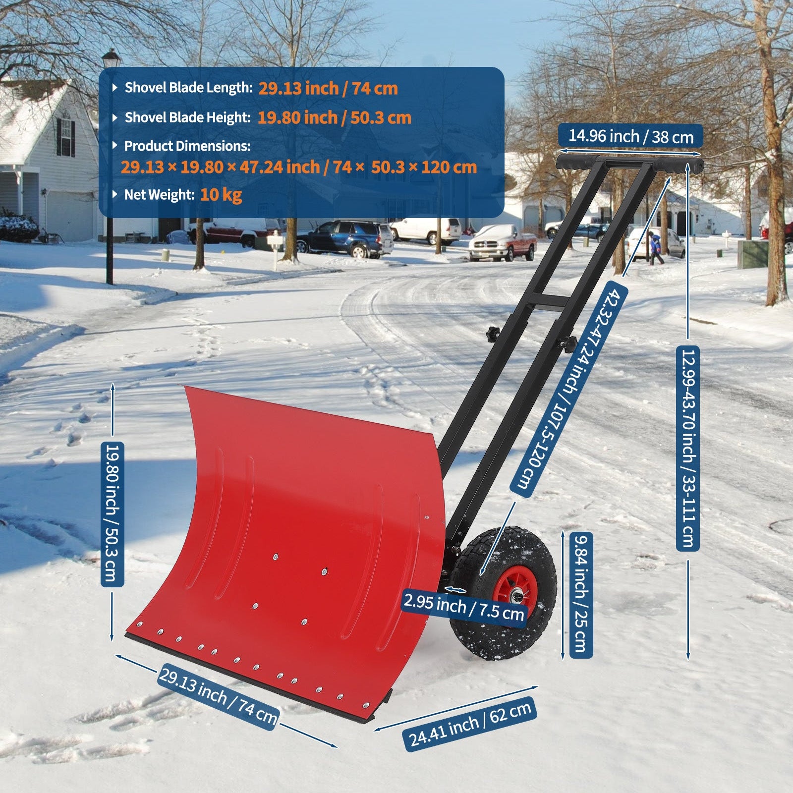 Garvee 29"W X 19.8"H Snow Shovel with 7-Position Angled Blade & Adjustable Handle, Heavy Duty Metal Snow Pusher Shovel with Wheels for Driveway, Doorway, Sidewalk, Pavement
