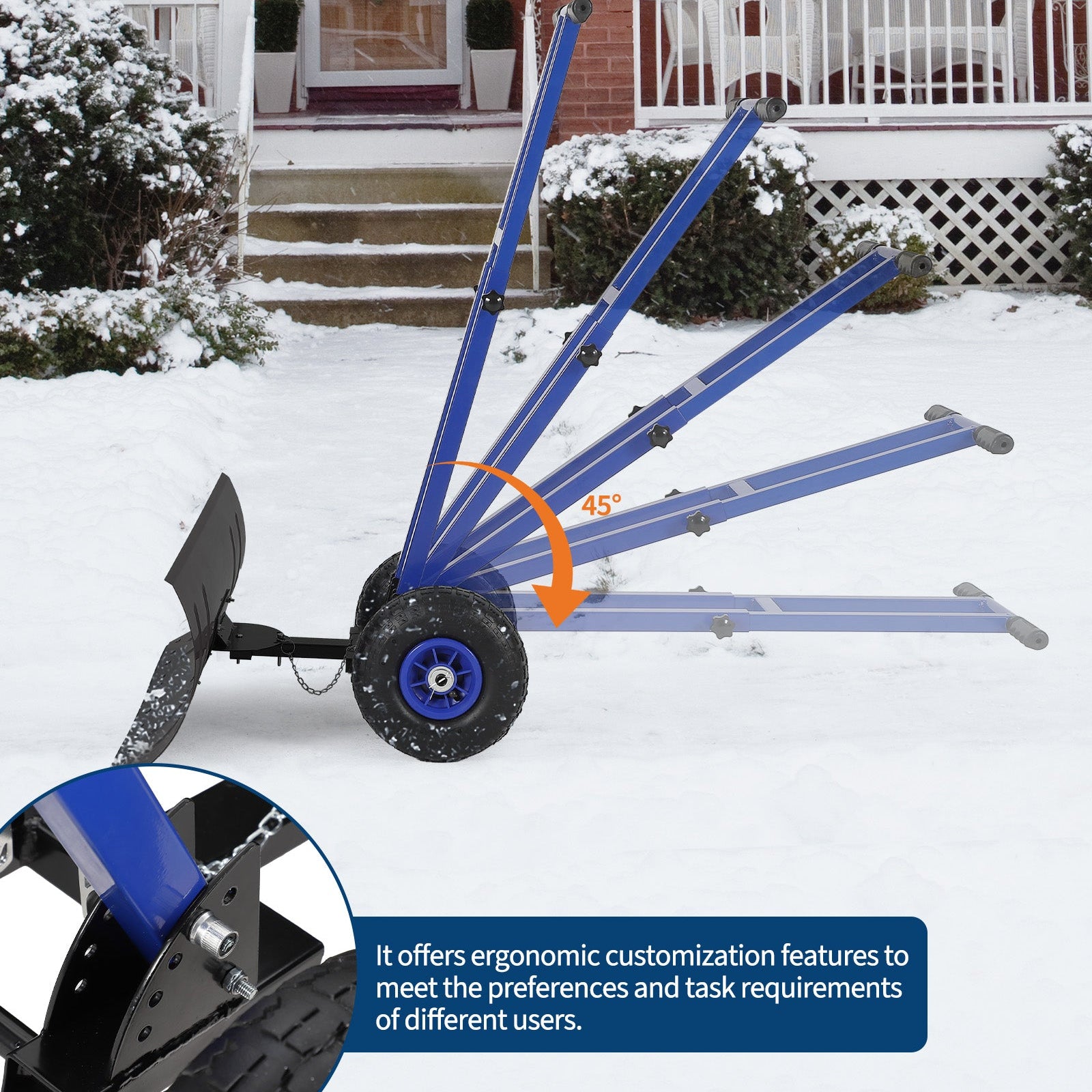 Garvee Snow Shovel 29"W X 14.2"H with 7-Position Angled Blade & Adjustable Handle, Heavy Duty Metal Snow Pusher Shovel with Wheels for Driveway, Doorway, Sidewalk, Pavement