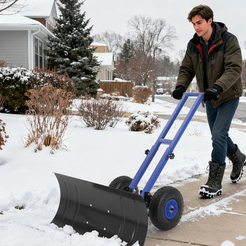 Garvee Snow Shovel 29"W X 14.2"H with 7-Position Angled Blade & Adjustable Handle, Heavy Duty Metal Snow Pusher Shovel with Wheels for Driveway, Doorway, Sidewalk, Pavement