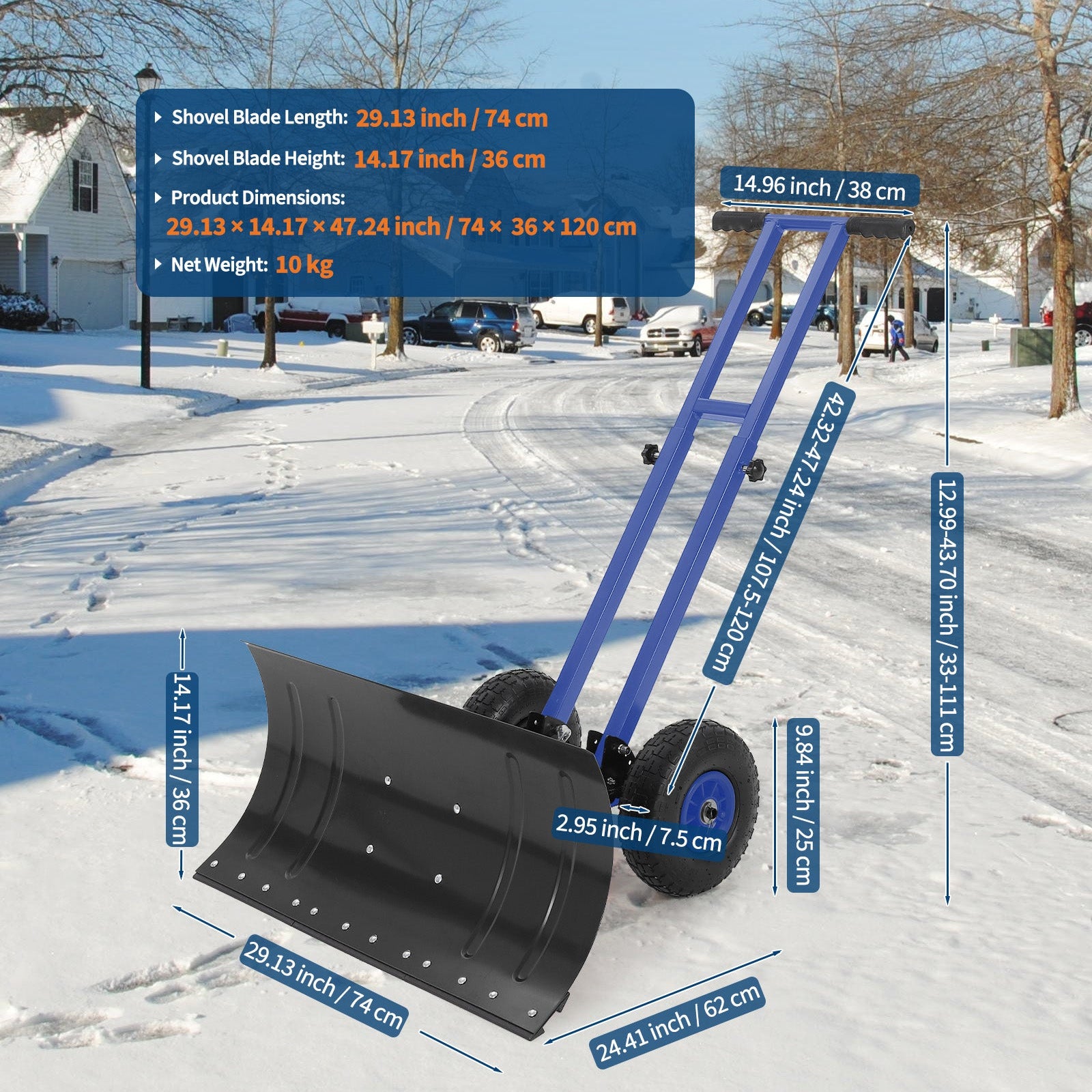 Garvee Snow Shovel 29"W X 14.2"H with 7-Position Angled Blade & Adjustable Handle, Heavy Duty Metal Snow Pusher Shovel with Wheels for Driveway, Doorway, Sidewalk, Pavement