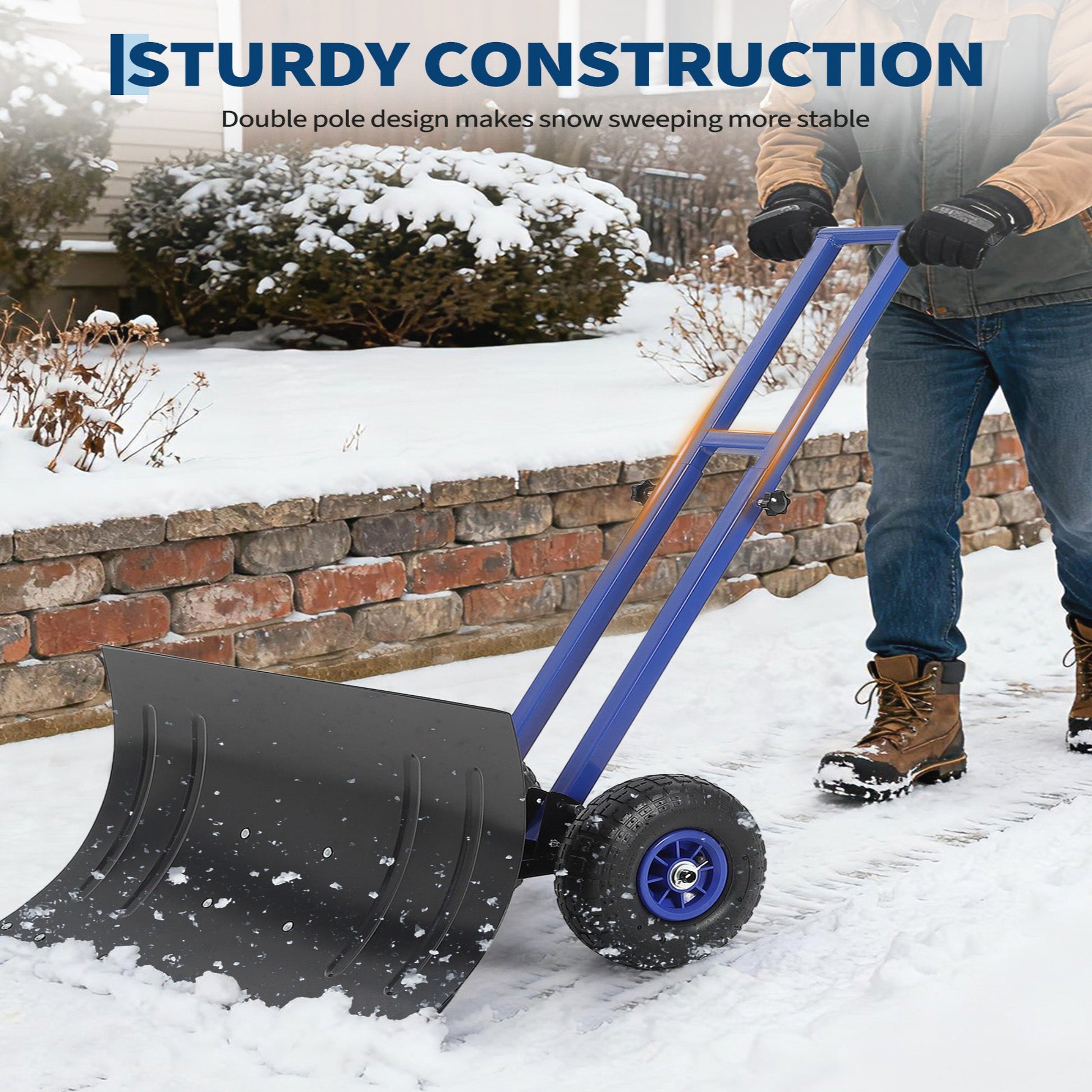 Garvee 29"W X 16"H Snow Shovel with Wheels Heavy Duty Carbon Steel 29" Metal Blade Adjustable Handle & Angle Anti-Slip Pneumatic Wheels for Driveways Sidewalks