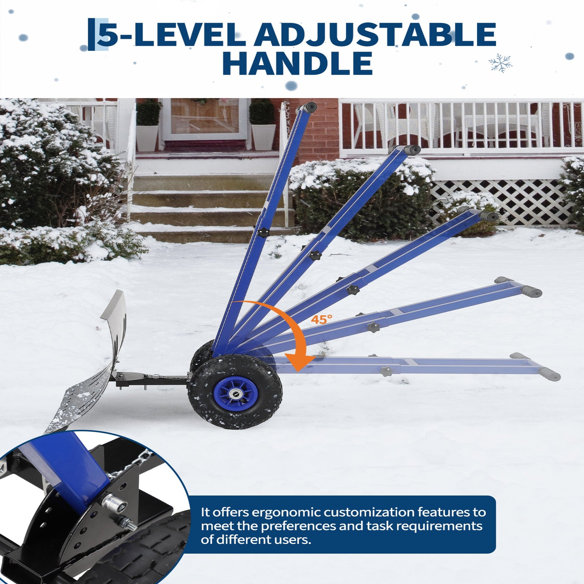 Garvee 29"W X 16"H Snow Shovel with Wheels Heavy Duty Carbon Steel 29" Metal Blade Adjustable Handle & Angle Anti-Slip Pneumatic Wheels for Driveways Sidewalks