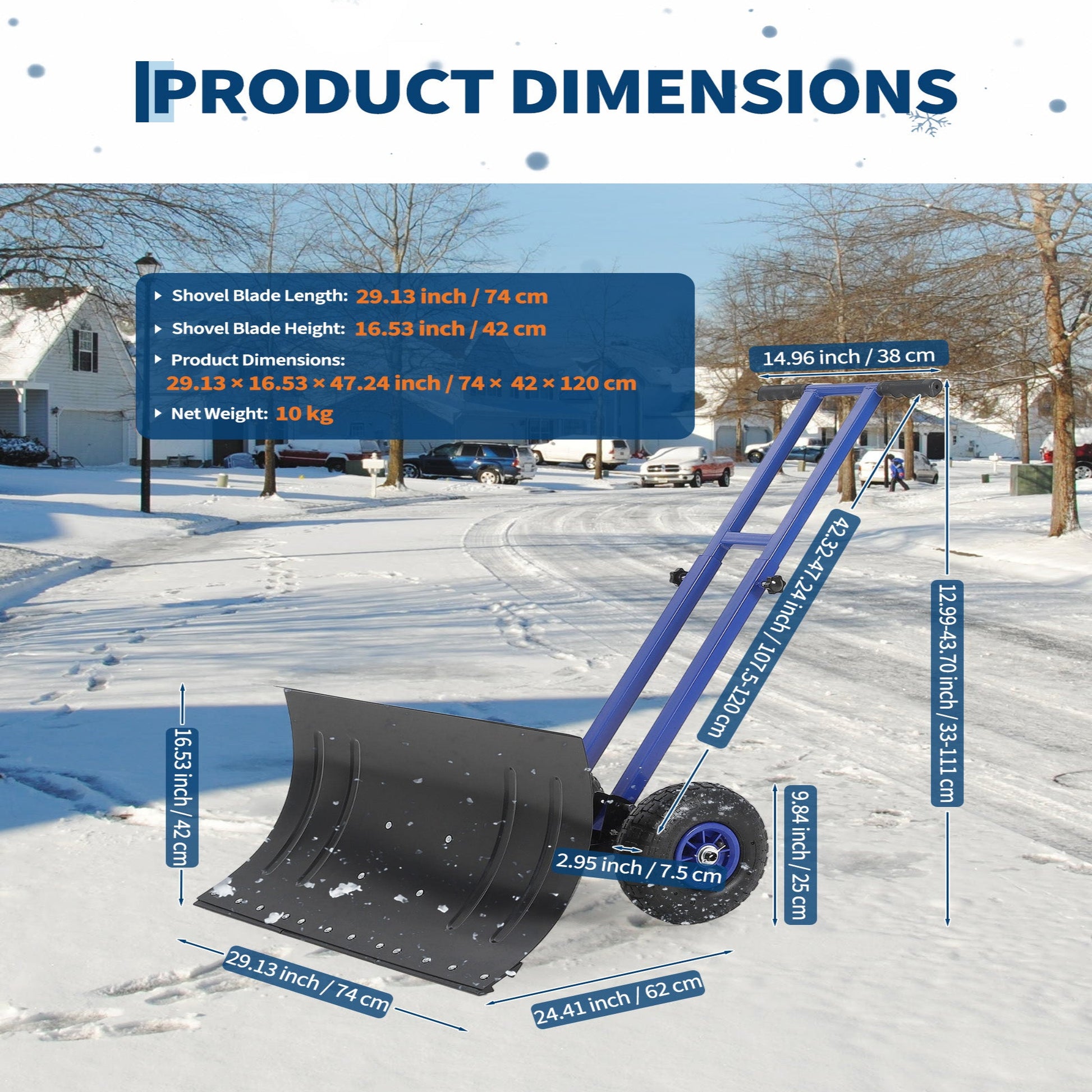Garvee 29"W X 16"H Snow Shovel with Wheels Heavy Duty Carbon Steel 29" Metal Blade Adjustable Handle & Angle Anti-Slip Pneumatic Wheels for Driveways Sidewalks