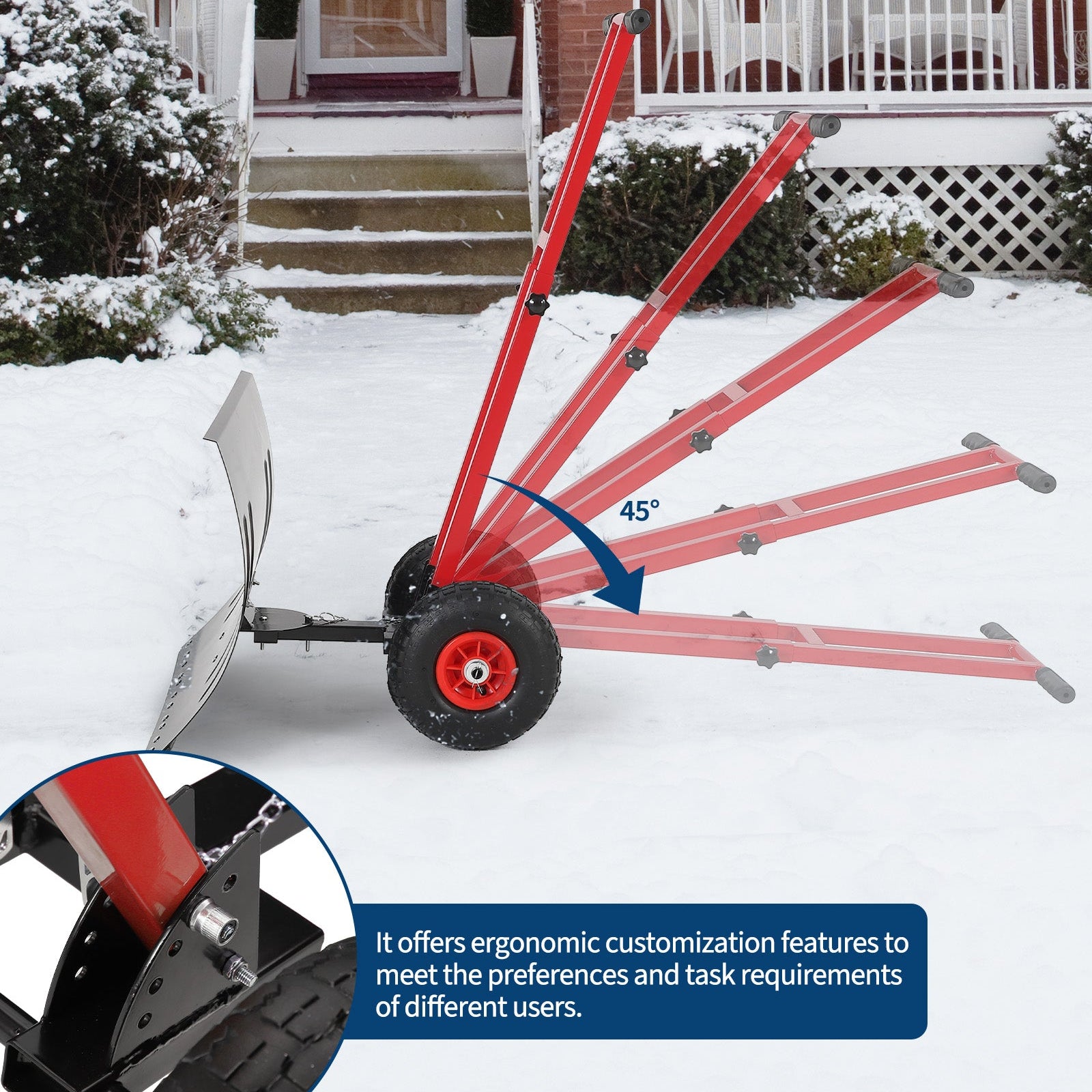 Garvee 29"W X 20"H Snow Pusher Shovel with Wheels,Heavy Duty Steel Snow Shovel with Wheels,Angled Blade Efficient Snow Removal With5-Position Angled Blade & Adjustable Handle for Doorway, Sidewalk