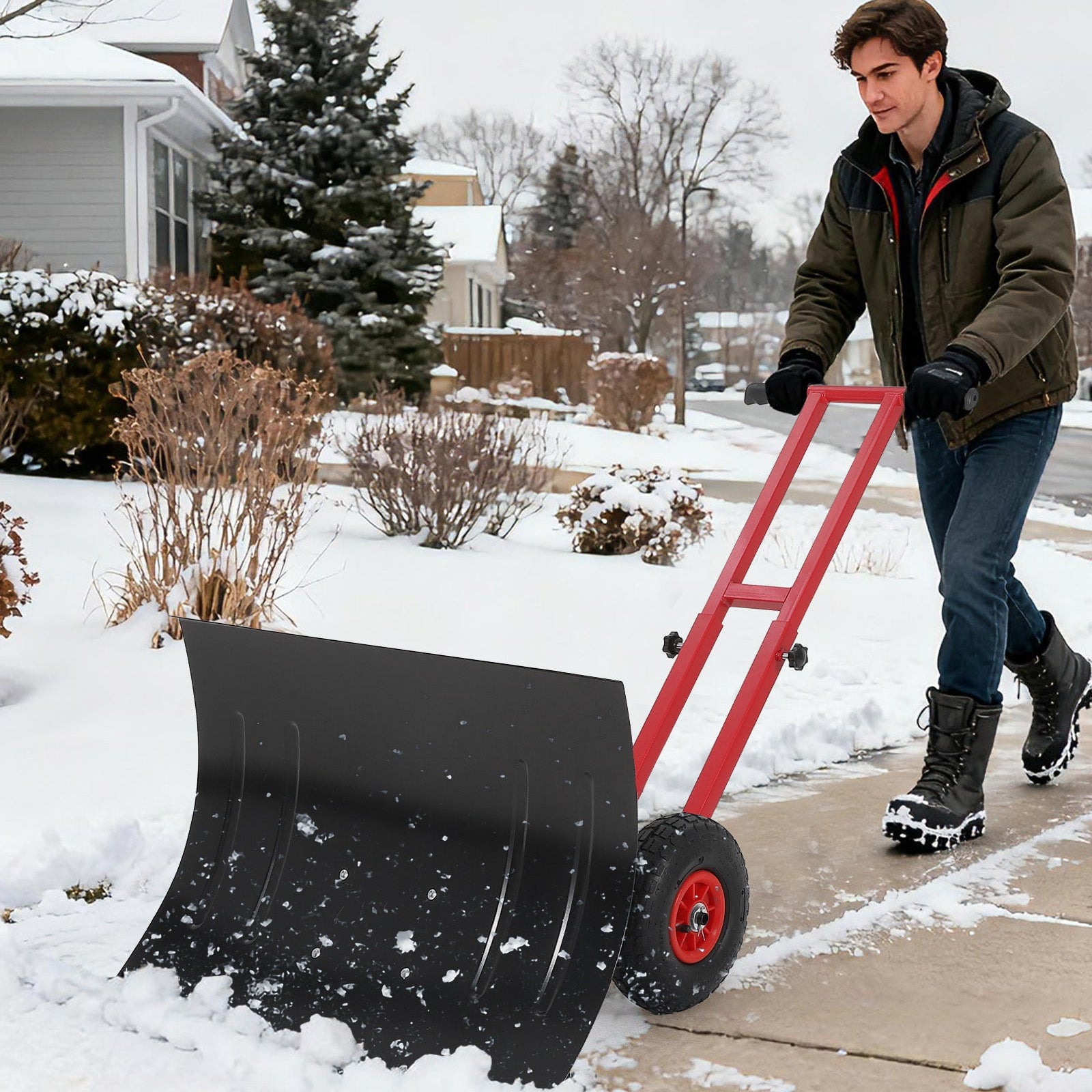 Garvee 29"W X 20"H Snow Pusher Shovel with Wheels,Heavy Duty Steel Snow Shovel with Wheels,Angled Blade Efficient Snow Removal With5-Position Angled Blade & Adjustable Handle for Doorway, Sidewalk